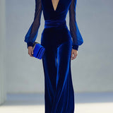 Wide-Leg Velvet Jumpsuit with V-Neck and Mesh Sleeves