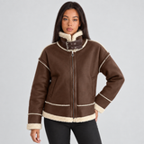 Faux Leather Sherpa Jacket with Zip Front and Buckle Collar