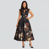 Floral Midi Dress with Cut-Out Neckline and Pleated Skirt
