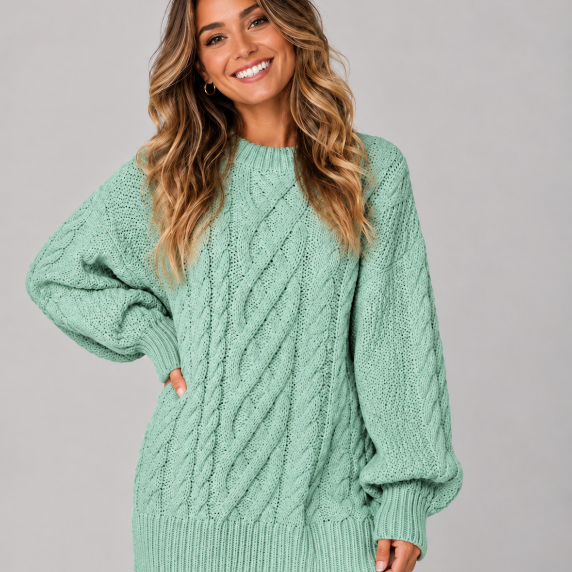 Oversized Cable Knit Sweater Mini Dress with Balloon Sleeve
