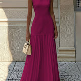 Sleeveless Pleated Maxi Dress with Boat Neck