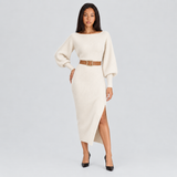 Ribbed Bodycon Midi Sweater Dress with Balloon Sleeves and Side Slit