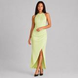 Halter Pleated Midi Dress with Front Slit