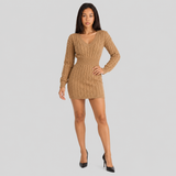Cable Knit Mini Dress with V-Neck and Ribbed Waist