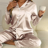 Satin Pajama Set with Button-Up Shirt and Long Pants