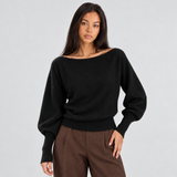 Boat Neck Sweater with Batwing Sleeve and Ribbed Cuff