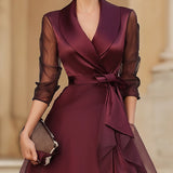Wrap Midi Dress with Sheer Sleeves and Tie Waist