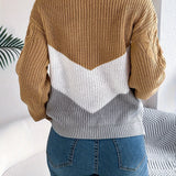 Cable Knit Color Block Sweater with Round Neck and Long Sleeves