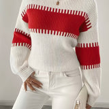 Two Tone Ribbed Knit Sweater with Balloon Sleeves and Ribbed Cuff