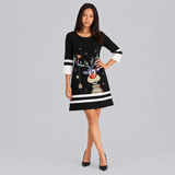 Women's Christmas Party Mini Dress with Reindeer Print and Three-Quarter Sleeves