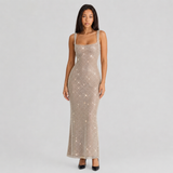 Bodycon Rhinestone Maxi Dress with Square Neck