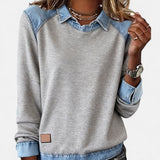 Denim Collar Knit Sweatshirt with Crew Neck