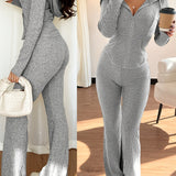 Fitted Ribbed Zip Up Top and Flared Pants Set