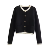 Cropped Contrast Trim Button-Up Knit Cardigan