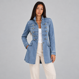 Denim Jacket with Double Breasted Front and Stand Collar