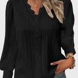 Pleated Lace-Trim V-Neck Blouse with Puff Sleeve