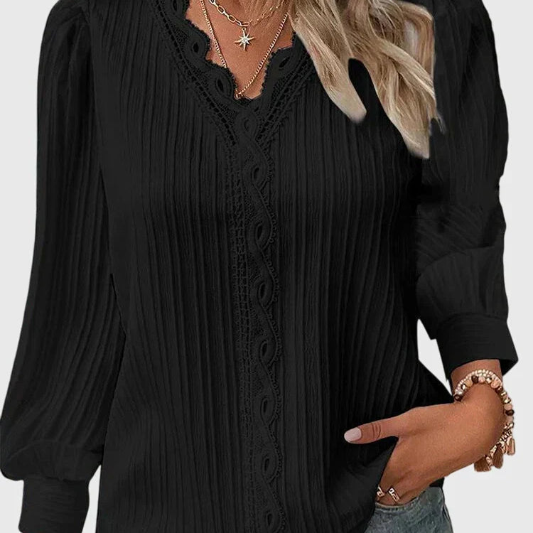 Pleated Lace-Trim V-Neck Blouse with Puff Sleeve