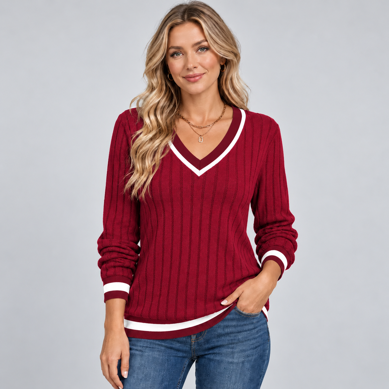 Ribbed V-Neck Sweater with Contrast Trim