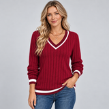 Ribbed V-Neck Sweater with Contrast Trim