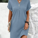 Button V-Neck Mini Dress with Short Sleeves