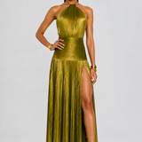 Pleated Halter Maxi Dress with Thigh Slit