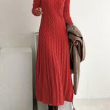 Cable Knit Maxi Sweater Dress with Round Neck and Long Sleeves