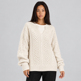 Oversized Cable Knit Sweater with Split Neck and Ribbed Trim