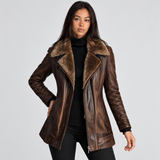 Leather Long Jacket with Faux Fur Collar and Zip Front