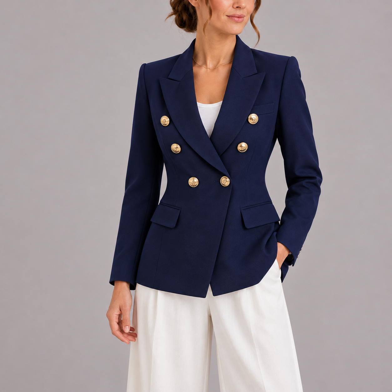 Double Breasted Blazer with Peak Lapel and Flap Pockets
