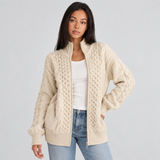 Cable Knit Zip-Front Cardigan with Stand Collar