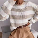 Oversized Chunky Knit Striped Sweater with Round Neck