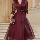 Wrap Midi Dress with Sheer Sleeves and Tie Waist