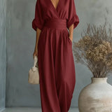 Wide-Leg Jumpsuit with Ruched Waist and Dolman Sleeve