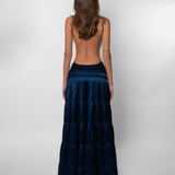 Satin V-Neck Maxi Dress with Cutout Waist and Tiered Skirt