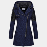 Women's Hooded Coat – Asymmetric Zip-Front Jacket with Quilted Shoulder Panels for Casual Wear
