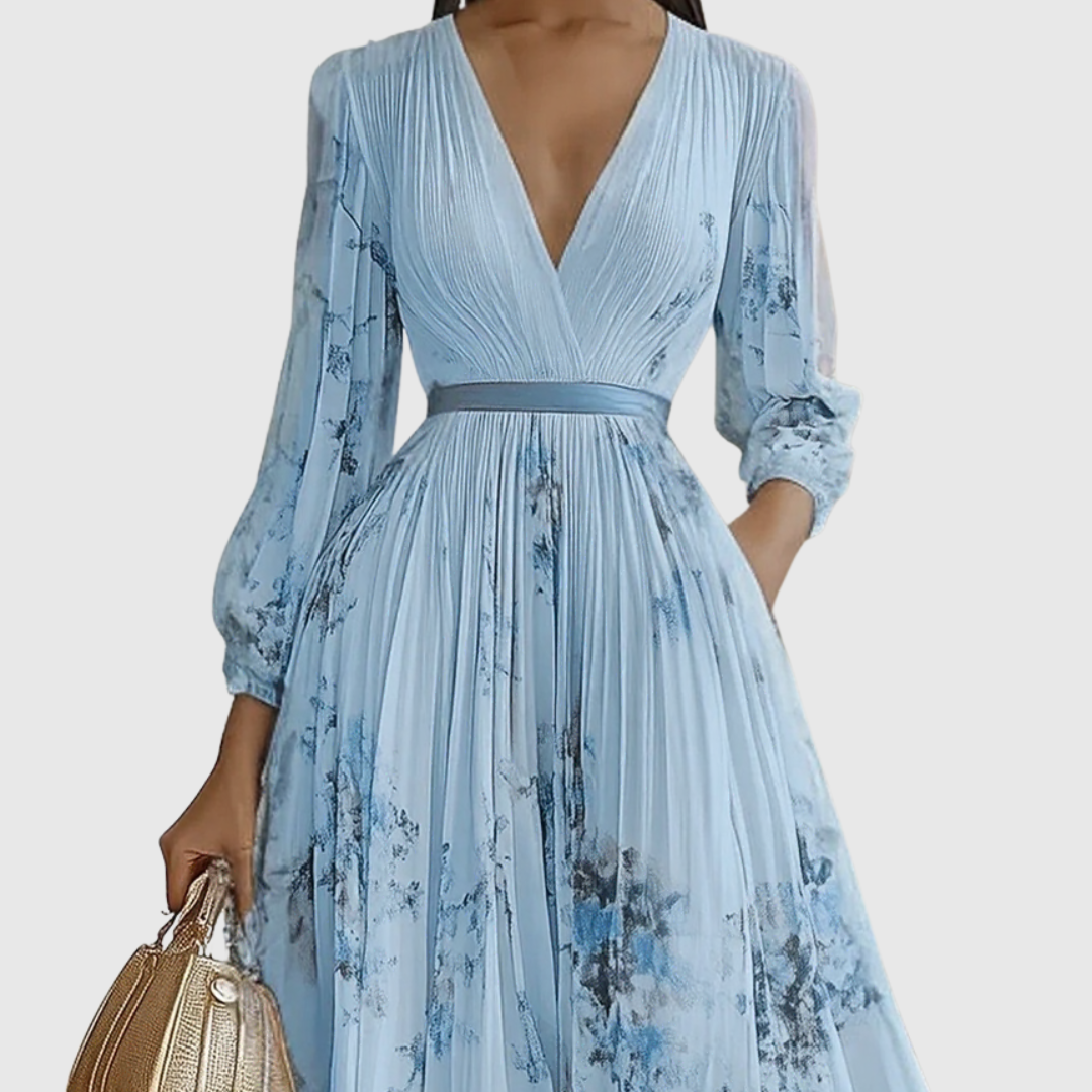 Isabelle | Elegant Pleated V-Neck Midi Dress Women Summer Flowy