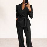 Wrap Blazer and Wide-Leg Pants Suit Set with Tie Waist