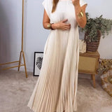 Pleated Maxi Dress with Crew Neck and Cap Sleeves