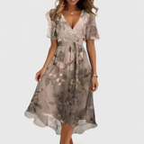 A-Line Floral Wrap Midi Dress with Ruffle Sleeves