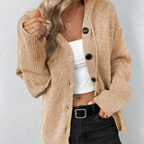 Hooded Button-Front Knit Cardigan with Drawstring