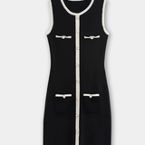 Sleeveless Bodycon Mini Dress with Contrast Trim and Button Front