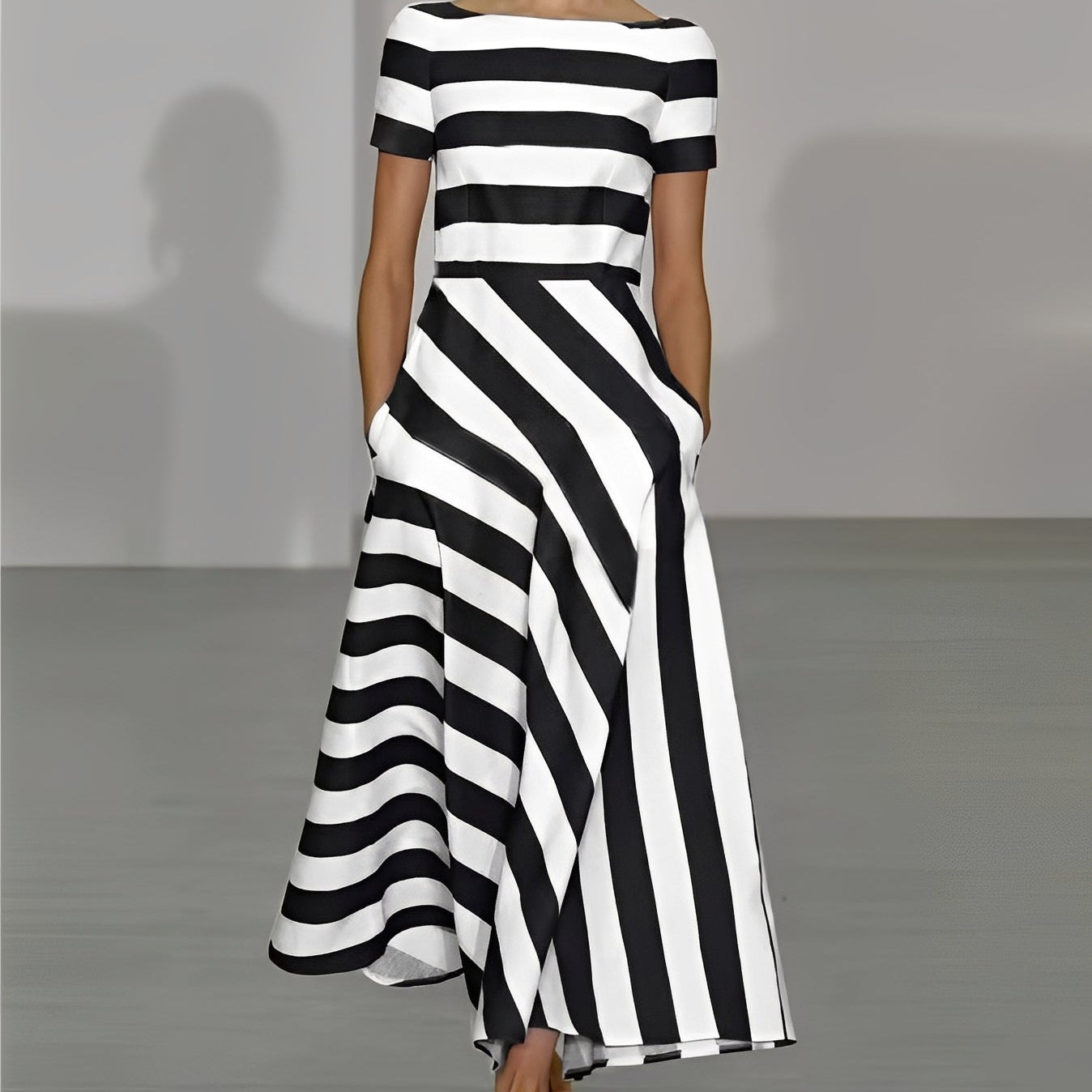 Striped Maxi Dress with Boat Neck and Short Sleeves