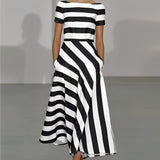 Striped Maxi Dress with Boat Neck and Short Sleeves