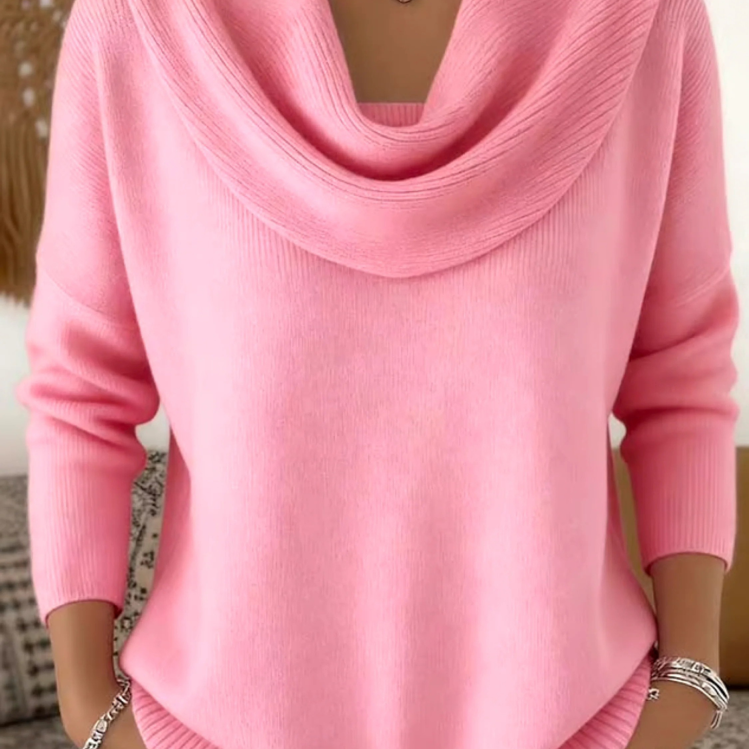 Ribbed Cowl Neck Long-Sleeve Sweater