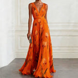 Pleated Floral Print Maxi Dress with V-Neck