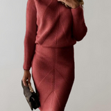 Ribbed Knit Two-Piece Set with Turtleneck Top and Bodycon Skirt