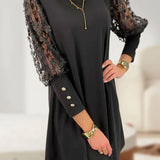 Embroidered Mesh Sleeve Shift Mini Dress with Round Neck
