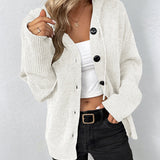 Hooded Button-Front Knit Cardigan with Drawstring