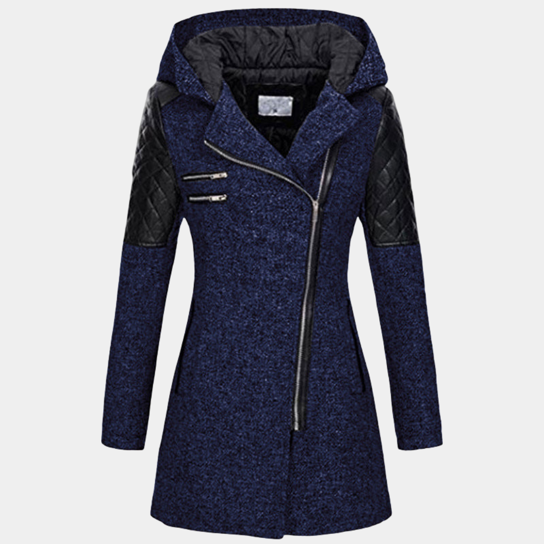 Hooded Coat with Asymmetric Zip and Quilted Sleeve