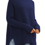 Oversized Turtleneck Knit Sweater for Women – Ribbed Long Sleeve Pullover with Side Slits for Casual Wear